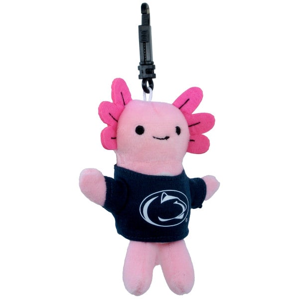 keychain, plush stuffed axolotl wearing Penn State Athletic Logo shirt